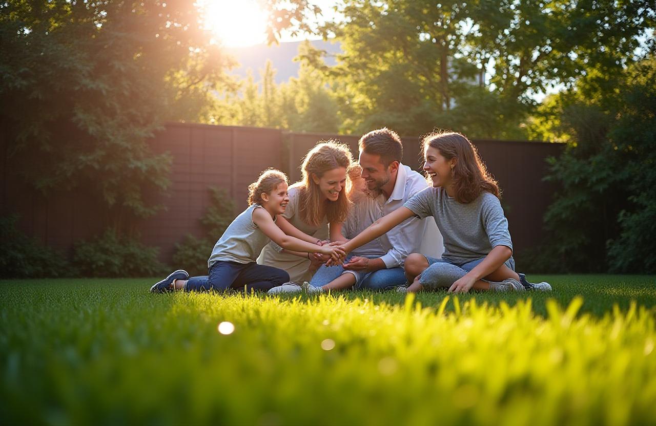 Una famiglia serena che gioca in un giardino protetto da una recinzione moderna